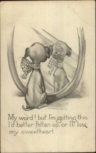 Dog Looking in Mirror I'M GETTING THIN?BETTER FATTEN UP c1910 Postcard