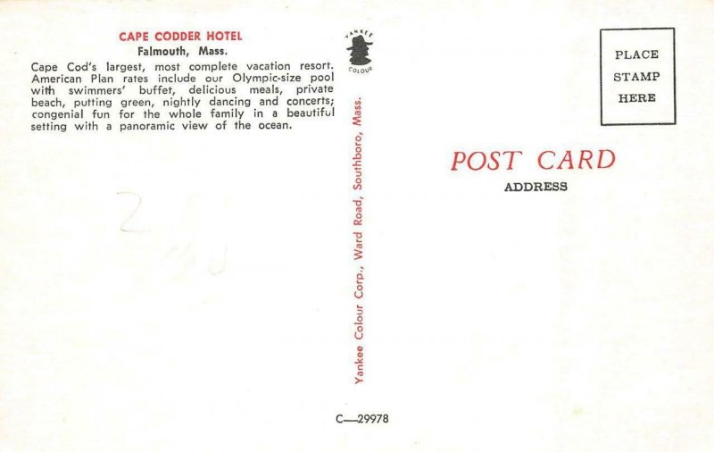 FALMOUTH, Massachusetts MA   CAPE CODDER HOTEL  Pool View  ROADSIDE  Postcard