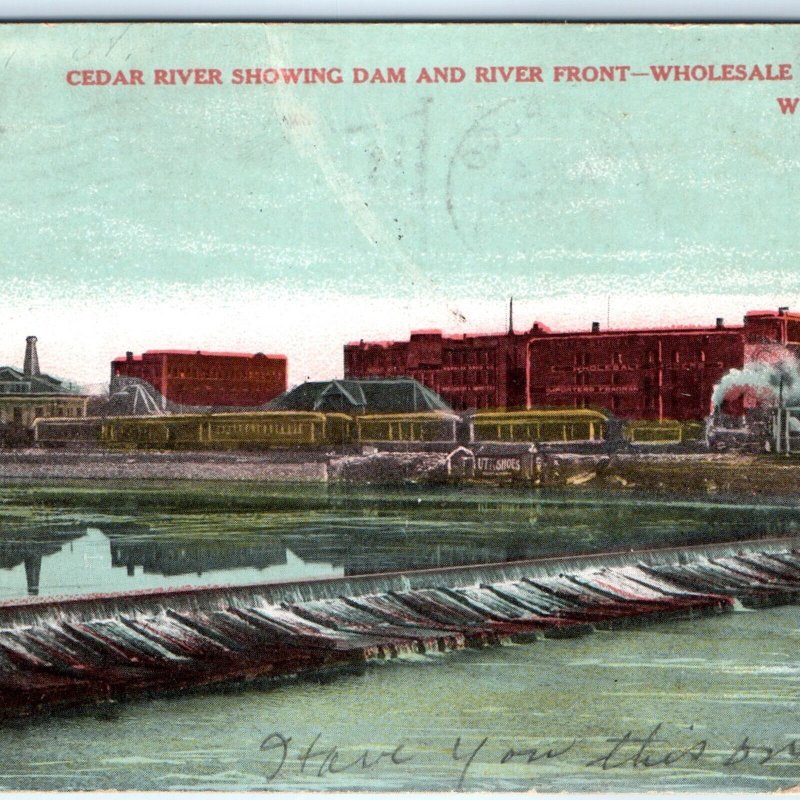 c1900s Waterloo, IA Cedar River Dam Train Downtown Photo Litho Postcard A62