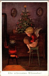 Vintage Postcard Cherub Muffin Christmas Tree Fire M. Munk KJ1