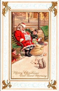 Vintage Santa Claus Asleep on a Bench Christmas Day with Children Postcard RARE