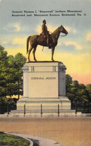 Civil War, Linen Era, Gen  Stonewall Jackson Monument, Richmond,Va, Old Postcard