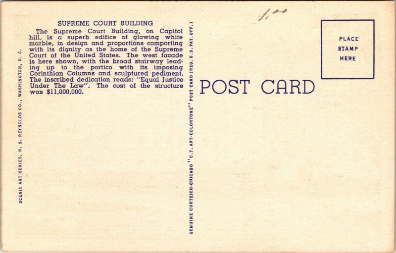 United States Supreme Court, Washington, D.C. flag flying linen postcard