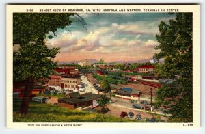 Sunset View Roanoke Virginia Postcard Linen Unused Norfolk And Western Terminal