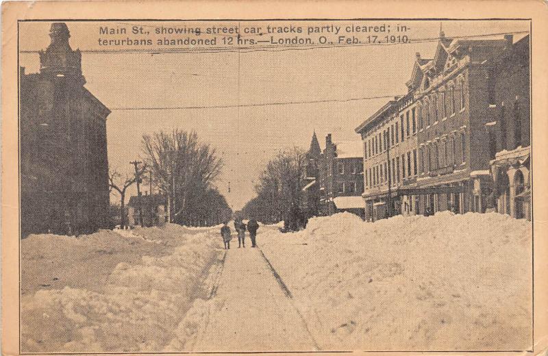 E20/ London Ohio Postcard 1910 Main Street Blizzard Trolley Disaster Winter