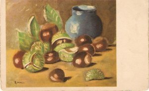 Still Life. Fuits: Lot of four fine paintings vintage Spanish postcards, Signed