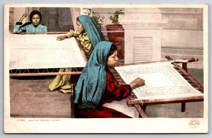 Detroit Pub~Native Americana~Making Drawn Work Weaving Scene~Vintage Postcard