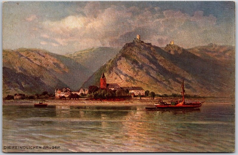 Die Feindlichen Bruder Kamp-Bornhofen Germany Boats & Mountain Postcard