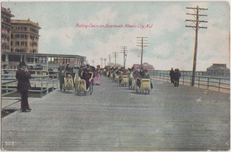 New Jersey NJ Postcard 1909 ATLANTIC CITY Rolling Chairs on BOARDWALK Pier
