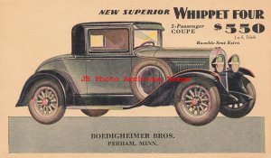 Advertising Postal Card, Willys Whippet Four Coupe, Boedigheimer Bros Perham