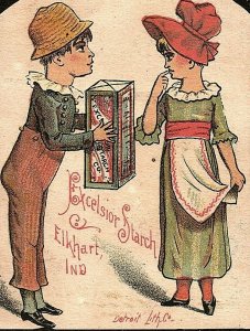 Excelsior Starch Co, Boy Box Lovely Girl Bonnet Victorian Trade Card Z2