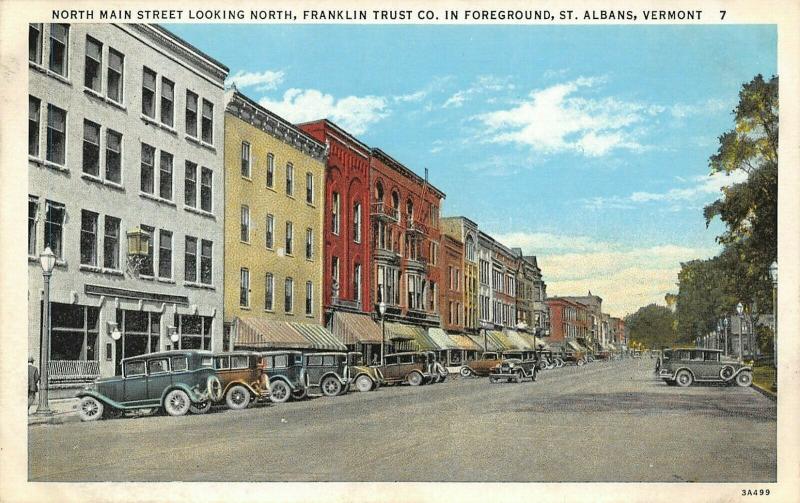 St Albans Vermont~North Main Street~Franklin Trust Savings Bank~Stores~1920 Cars 
