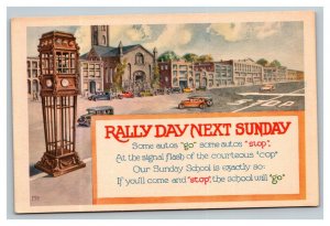 Vintage 1910's Rally Day Postcard Antique Autos Parked at Church Traffic Signal