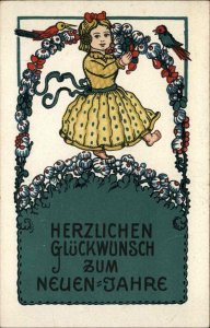 Arts & Crafts Girl & Birds German New Year c1910 Postcard