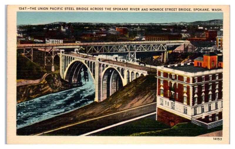 1947 Union Pacific Steel Bridge, Spokane River & Monroe St. Spokane, WA Postcard