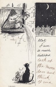 Angry Neighbour Throwing Water On Black Cat Wailing Old Comic Postcard