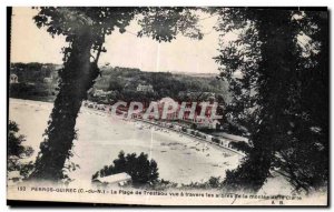 Old Postcard Perros Guirec beach Trestaou view through the trees of the build...