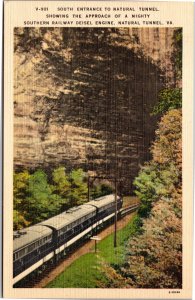Postcard VA Natural Tunnel Southern Railway Diesel Engine approaching entrance