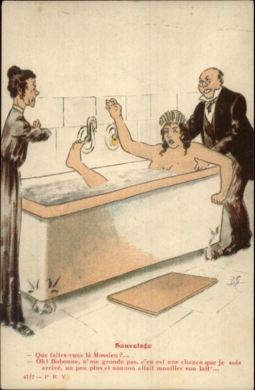 Nude Woman - Bath Tub Being Rescued - Drowning? c1915 French Postcard