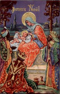 Christmas Joyeux Noel Mary Baby Jesus Gilt Inlay c1910 Vintage Postcard