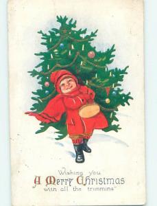 Pre-Linen CHILD CARRYING OLD-FASHIONED CHRISTMAS TREE HQ6801