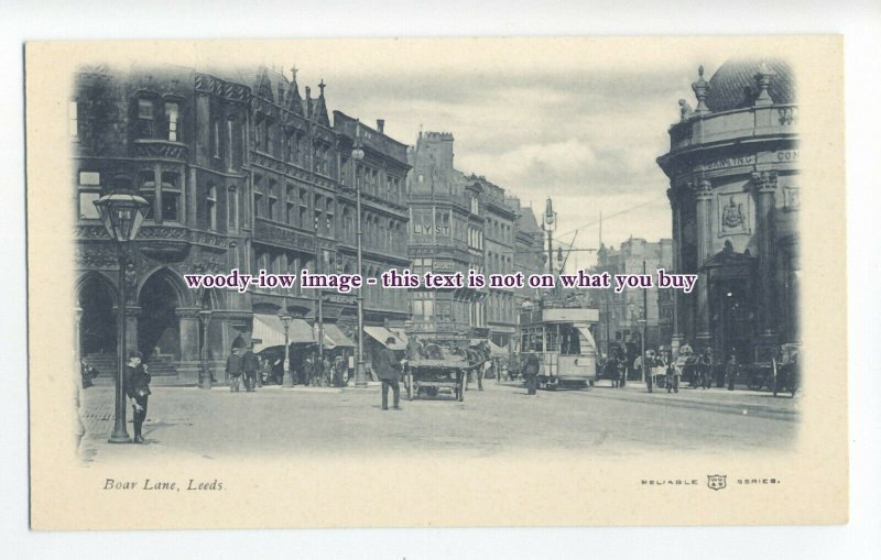 aj0380 - Yorks - Tram, also Horse & Cart down busy Boar Lane, Leeds - Postcard