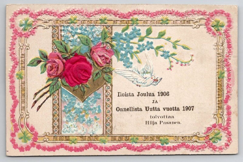 Pink Roses And Dove 1906 Finnish Christmas Greetings Fintchburg Postcard L21