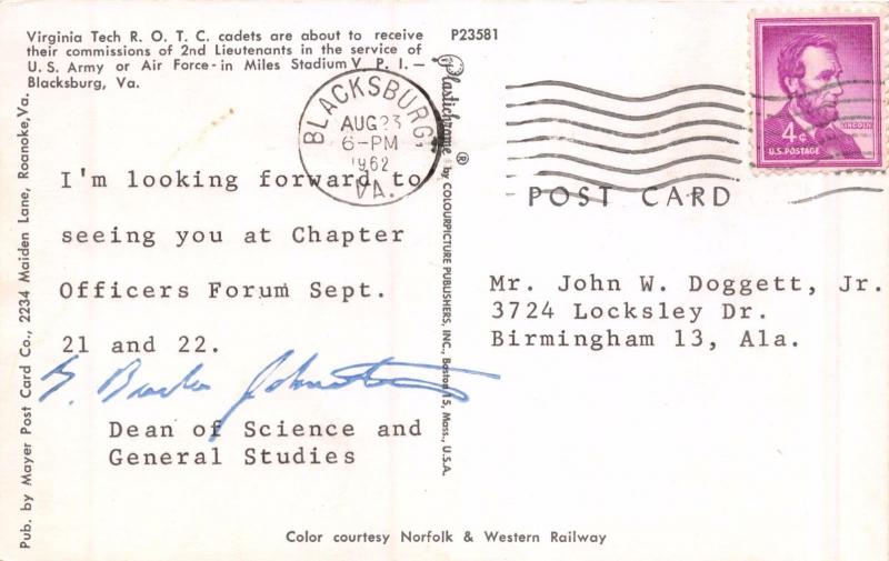 BLACKSBURG VA VIRGINIA TECH~ROTC CADETS RECEIVE COMMISSIONS POSTCARD 1962