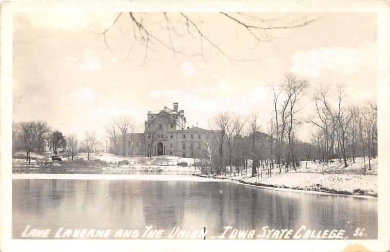 Ames Iowa State University/College~Lake Lauerne & Union Bldg in Winter~'40s RPPC