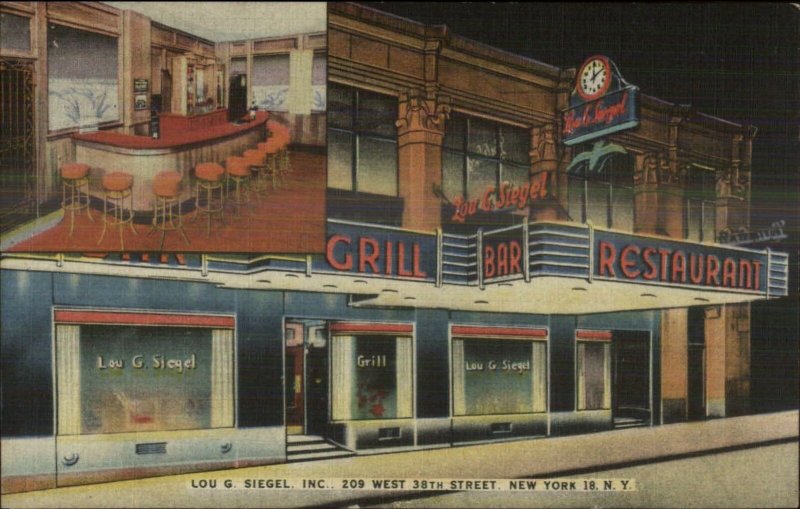 New York City West 38th Lou Siegel Grill Bar Restaurant NICE LINEN Postcard