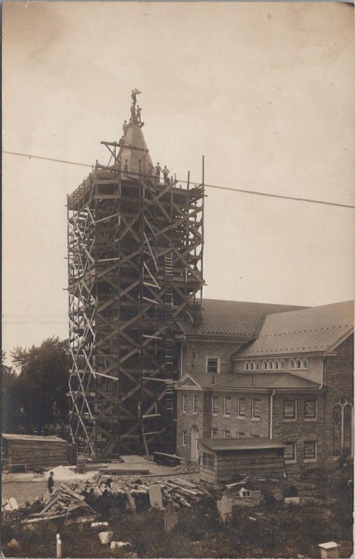 RPPC Postcard Rebuilding Steeple After Tornado Myerstown PA