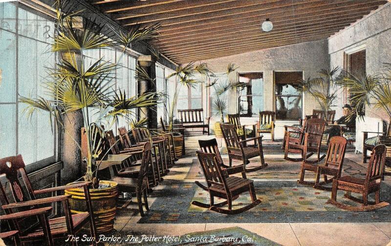 Santa Barbara CA~Potter Hotel~Gentleman in Sun Parlor~Rocking Chairs~c1912 PC 