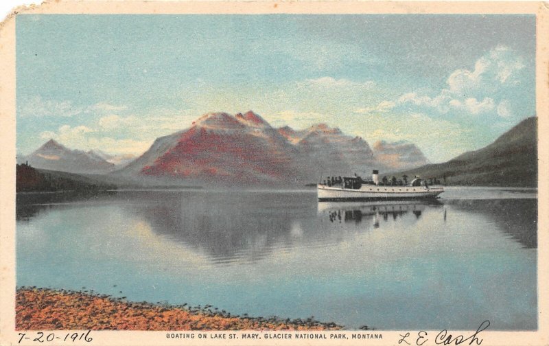 F48/ Glacier National Park Montana Postcard 1916  Lake St Mary Boat 1