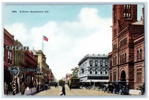 Sacramento California Postcard K Street Streetcar Exterior Building 1910 Vintage