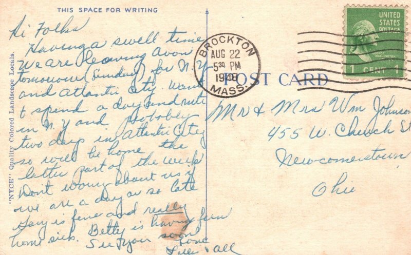 Vintage Postcard 1946 Greetings From Avon Massachusetts Beautiful Lakes NYC