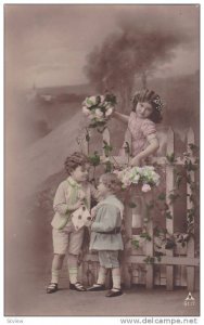 RP; Hand-colored, Children wearing their sunday best, white picket fence, 10-20s