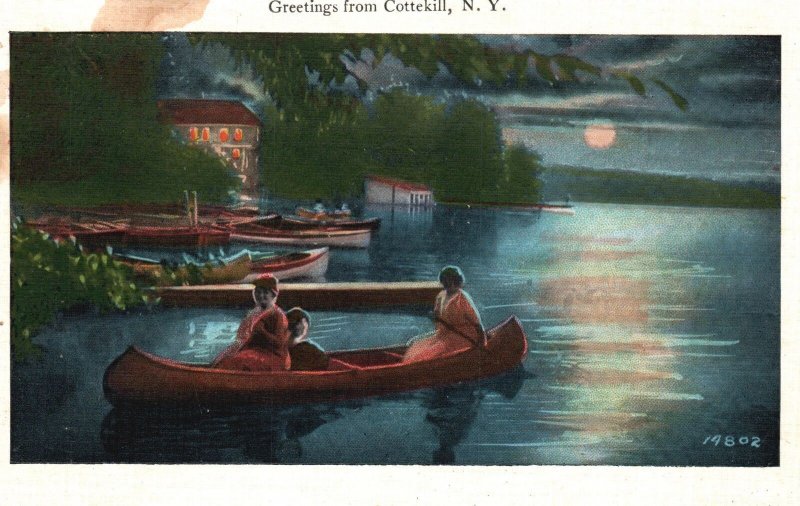 Vintage Postcard Greetings From Cottekill New York Boating At Night Ocean Waters United States