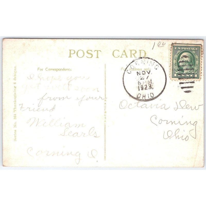 Postcard Thanksgiving Greeting Turkey Corning Ohio 1923