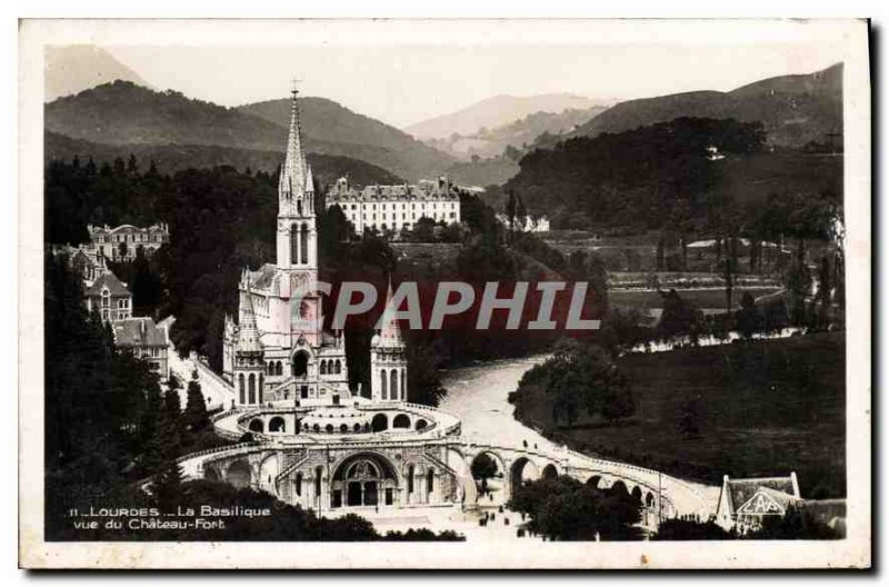 Old Postcard Lourdes Basilica view the Fort castle
