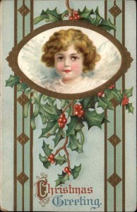 Christmas Children Girl Holly Embossed c1900s-10s Postcard