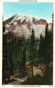 Vintage Postcard Rainier Nat'l Park Highway Entering Paradise Valley Washington