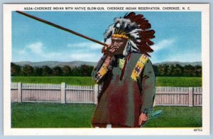 CHEROKEE INDIAN NATIVE w/BLOW GUN NORTH CAROLINA VINTAGE LINEN POSTCARD