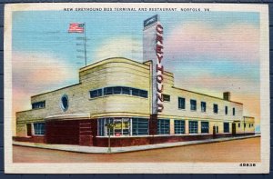 Vintage Postcard 1945 New Greyhound Bus Terminal & Restaurant Norfolk Virginia