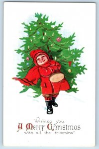 Christmas Postcard Little Boy With Christmas Tree Winter Scene Embossed c1910's