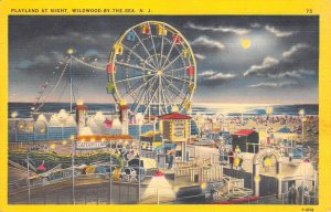 Wildwood-By-The-Sea, New Jersey Playland At Night Ferris Wheel 1940s Postcard