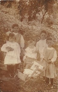 H53/ Circleville Ohio RPPC Postcard c1910 Pretty Children Pet Cat Stroller