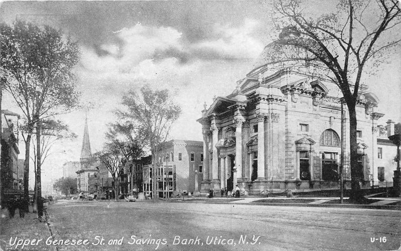 Utica New York~Upper Genesee Street~Savings Bank~People~Church~Code?? on Bk~1910