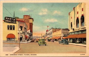 Postcard AZ Tucson Congress Street View Drug Store Valley National Bank 1936 V61