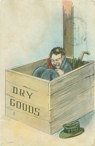 Drunk in Dry Goods Box 1918 Comic Postcard Series 553 Drunks, South Paris ME