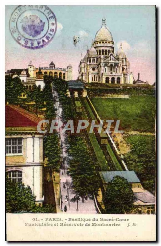 Old Postcard Paris Basilique du Sacre Coeur and Montmartre Funicular Reservoir